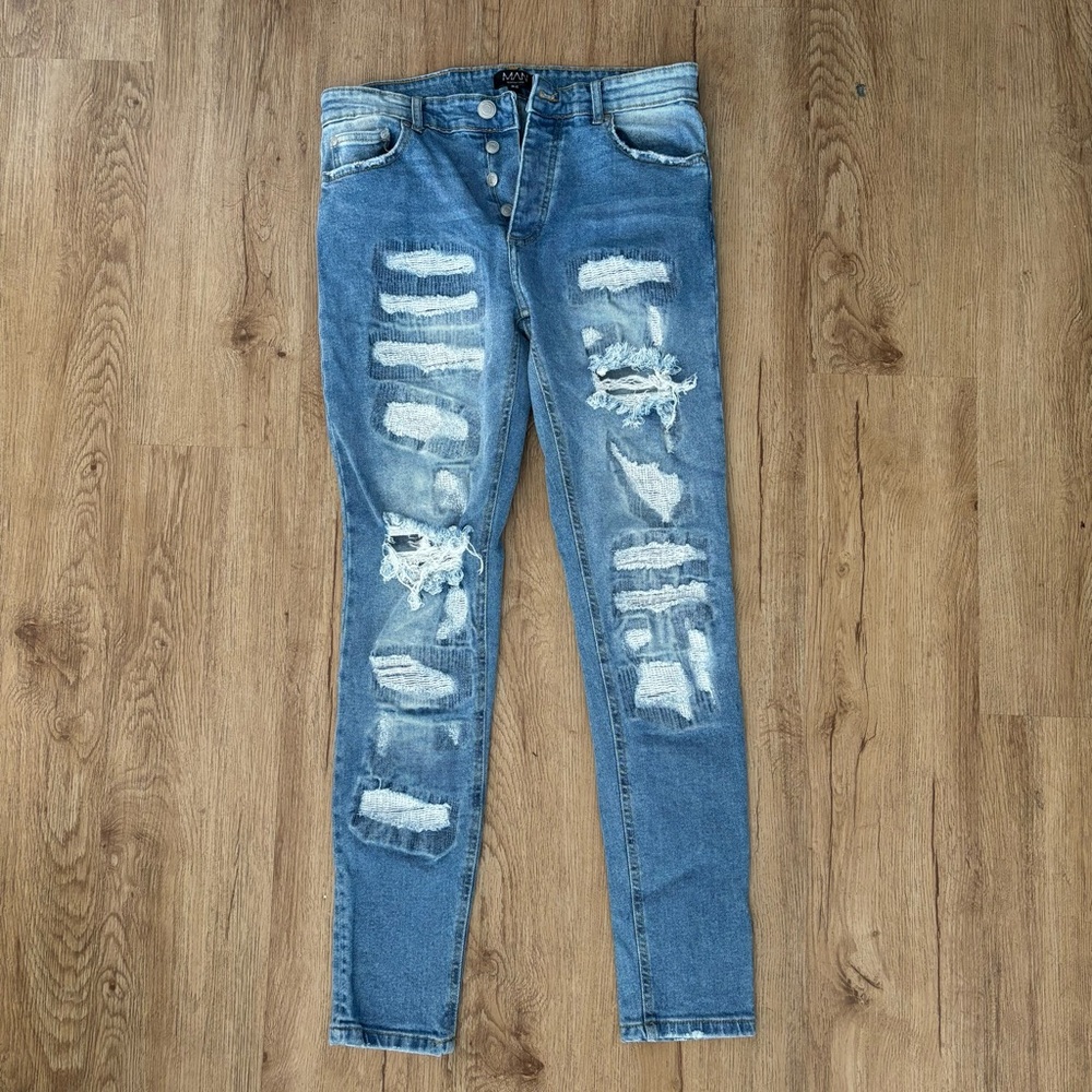 BoohooMAN Blue Skinny Jeans with Distressing